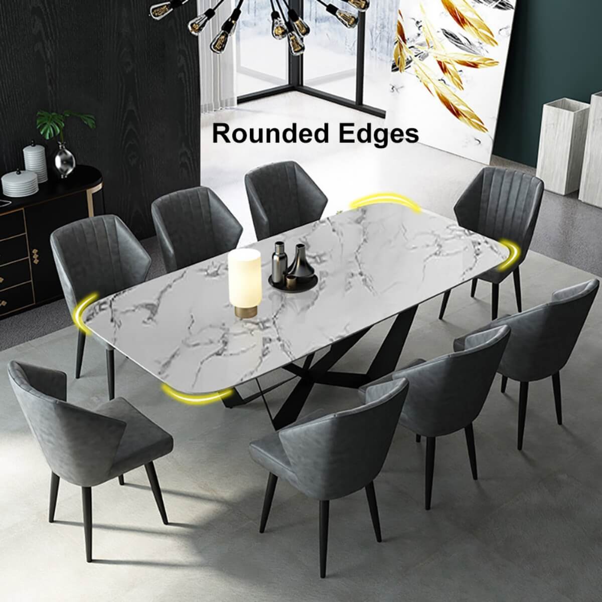 Rectangle Natural Marble Dining Table – Round Edges Top View – Stylish Modern Dining Table