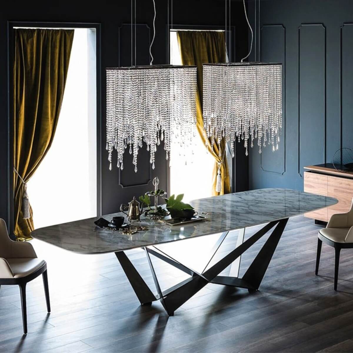 Rectangle Natural Marble Dining Table – Angle View – Sleek Modern Luxury Dining Furniture
