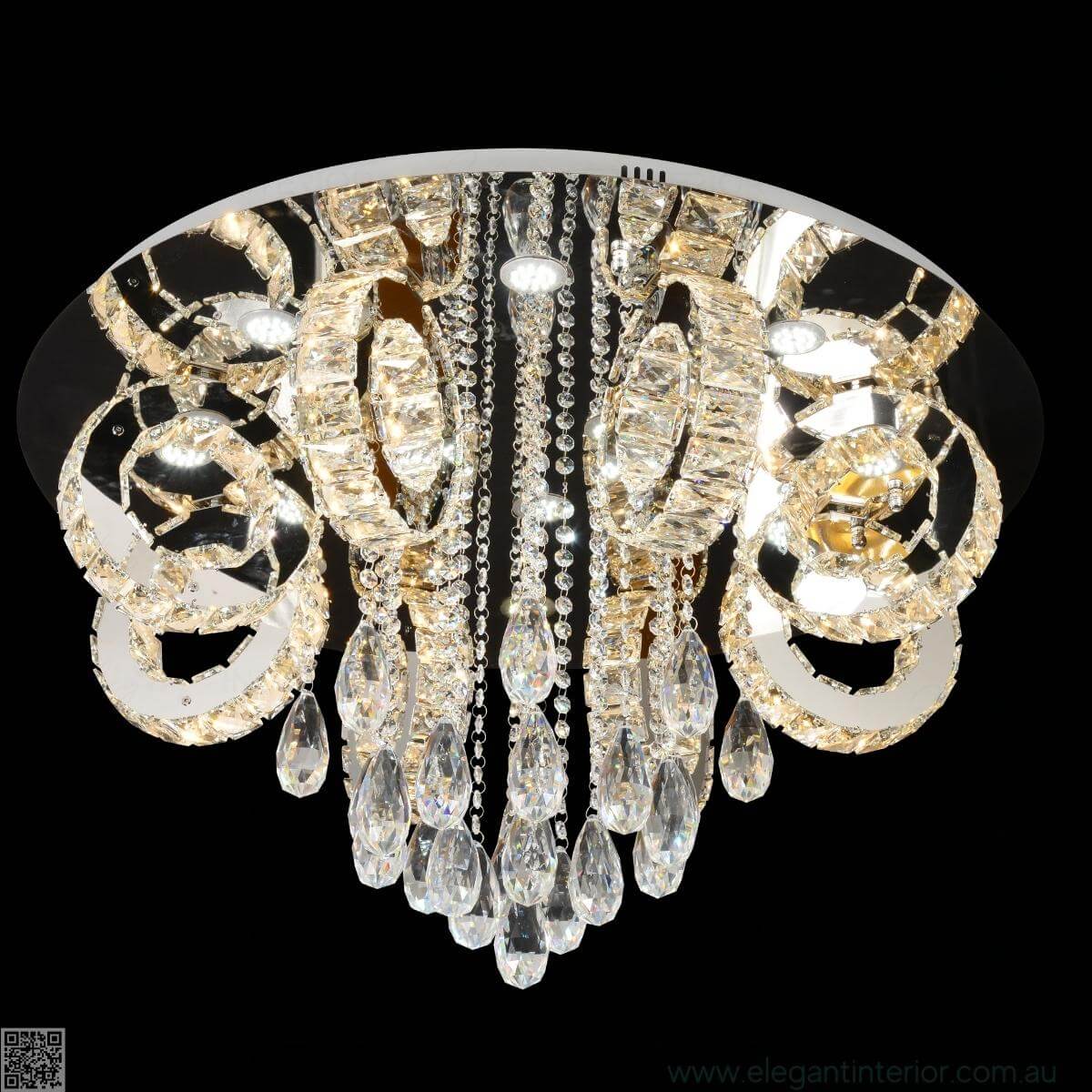  Front view of Rihanna LED gold chandelier light turned on, showcasing elegant crystal lighting design