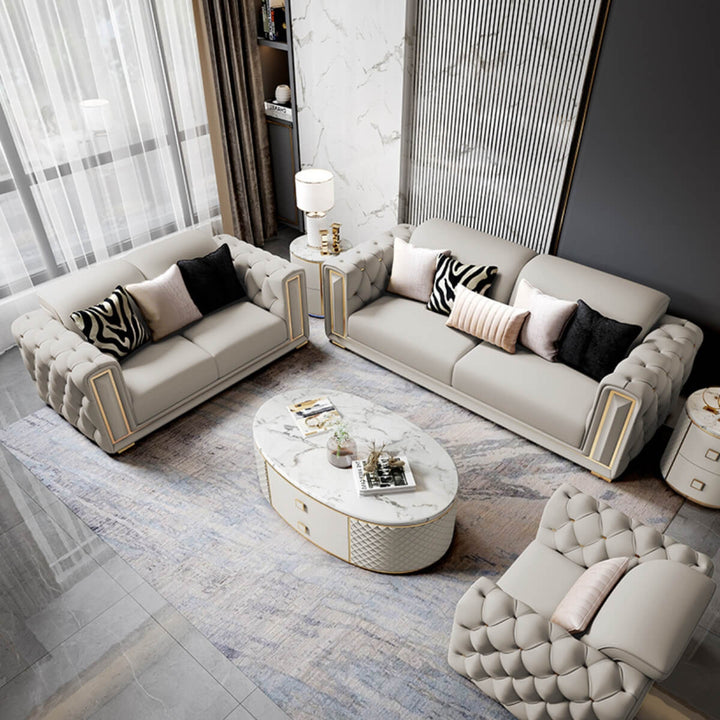 Top view of Simplicity modern leather living room sofa set, highlighting clean lines and spacious seating