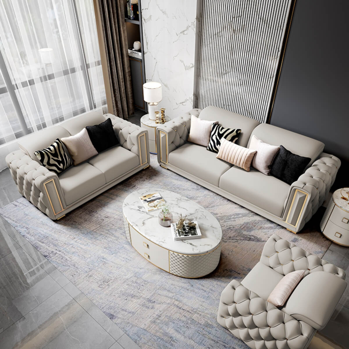 Top view of Simplicity modern leather living room sofa set, highlighting clean lines and spacious seating