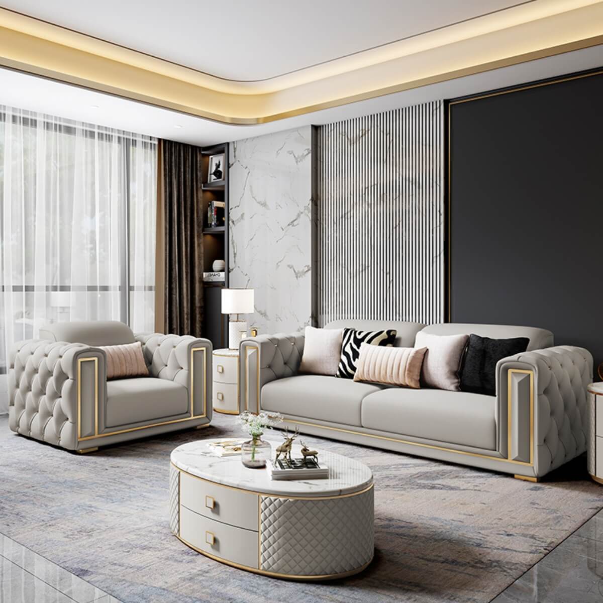 Angled view of simplicity modern leather living room sofa set, featuring sleek design and plush cushions