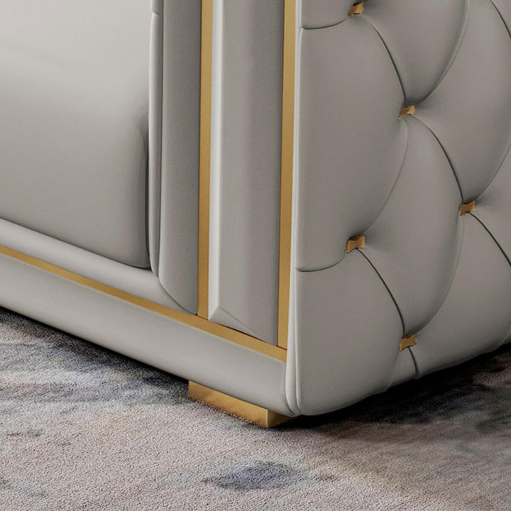 Detail view of Simplicity modern leather living room sofa set, highlighting smooth leather texture and stitching