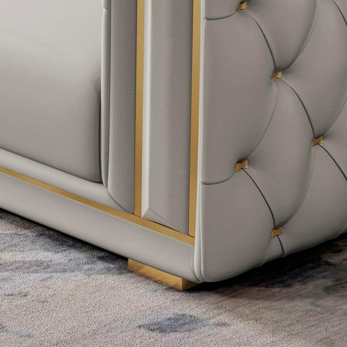 Detail view of Simplicity modern leather living room sofa set, highlighting smooth leather texture and stitching