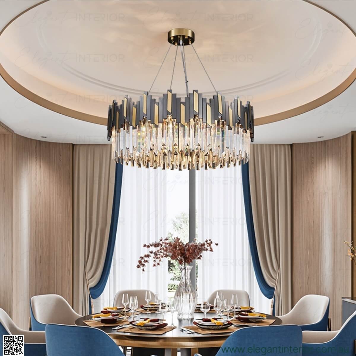Sophia luxury crystal chandelier hanging above dining table, elegant lighting for dining space