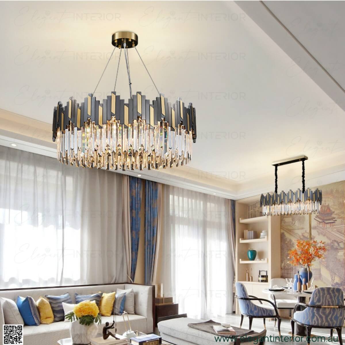 Sophia luxury crystal chandelier in a modern living room, adding elegance and ambient lighting
