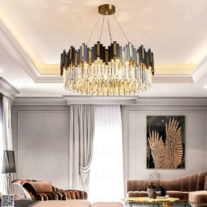 Sophia luxury crystal chandelier illuminating a stylish living room with elegant decor