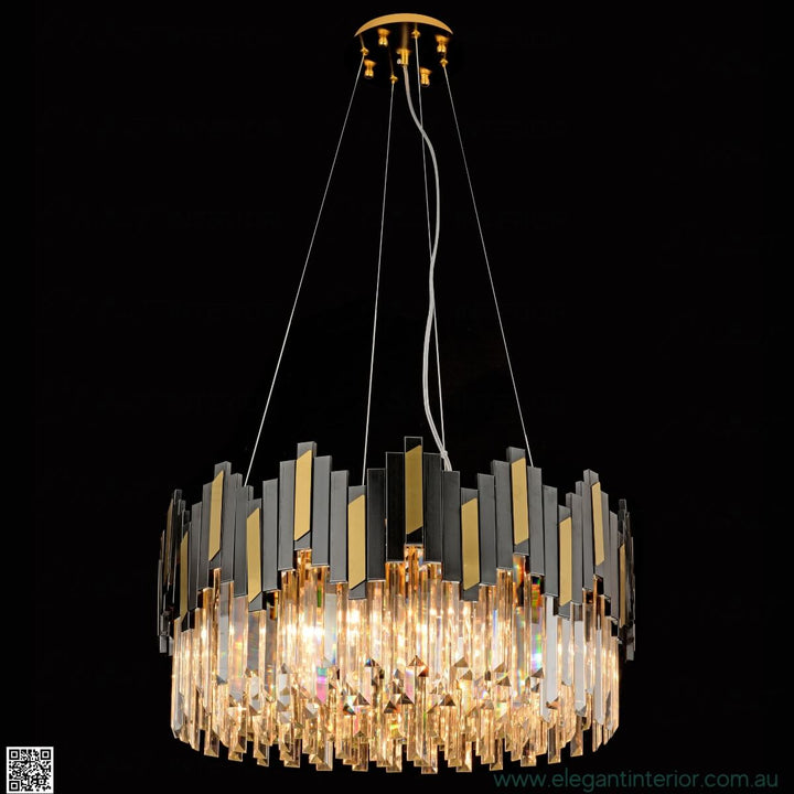 Front view of Sophia luxury crystal chandelier light on, sparkling in elegant interior setting