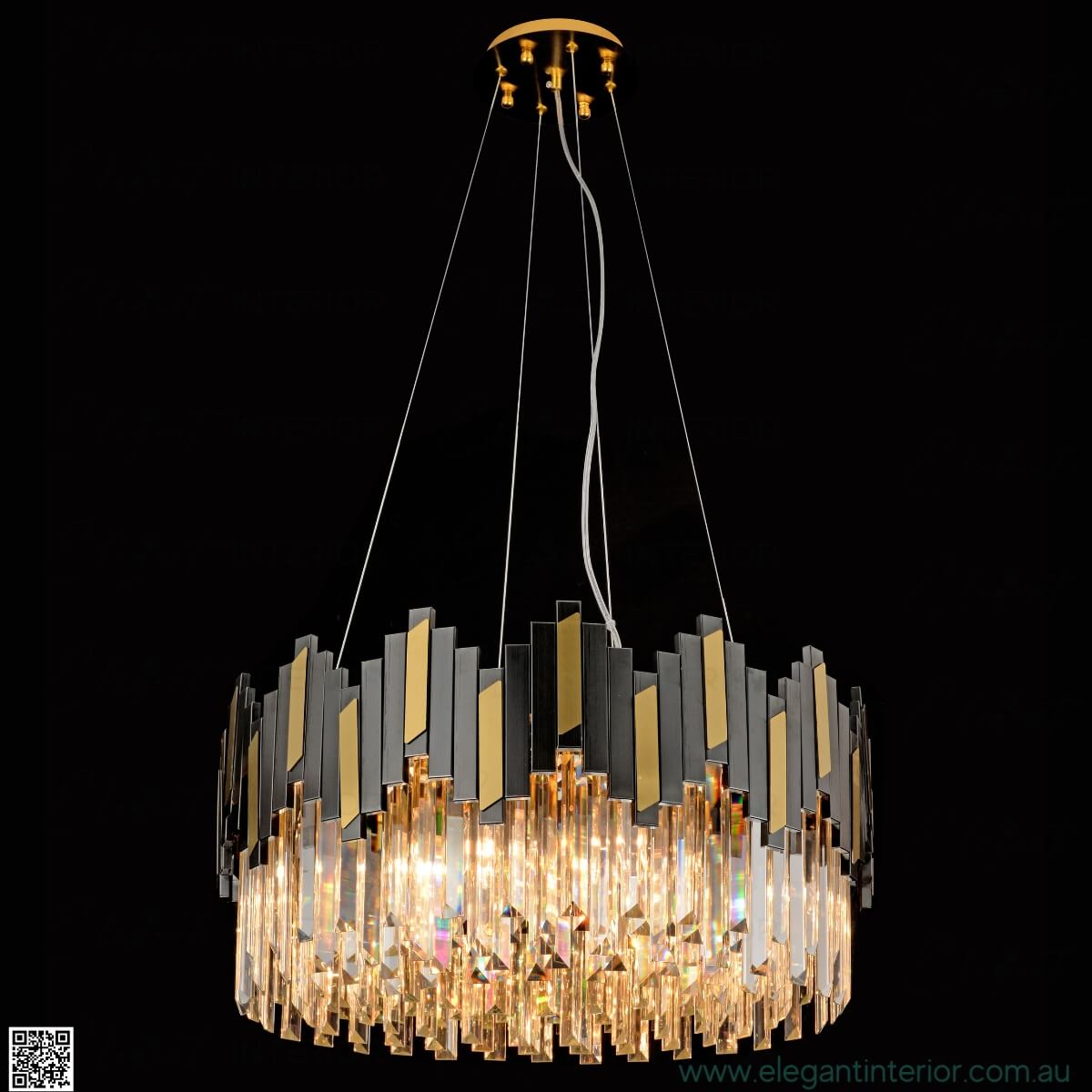 Front view of Sophia luxury crystal chandelier light on, sparkling in elegant interior setting