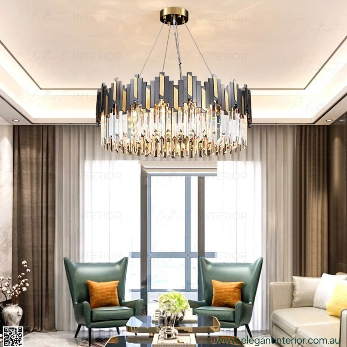 Sophia luxury crystal chandelier lighting up a modern, elegant living room space