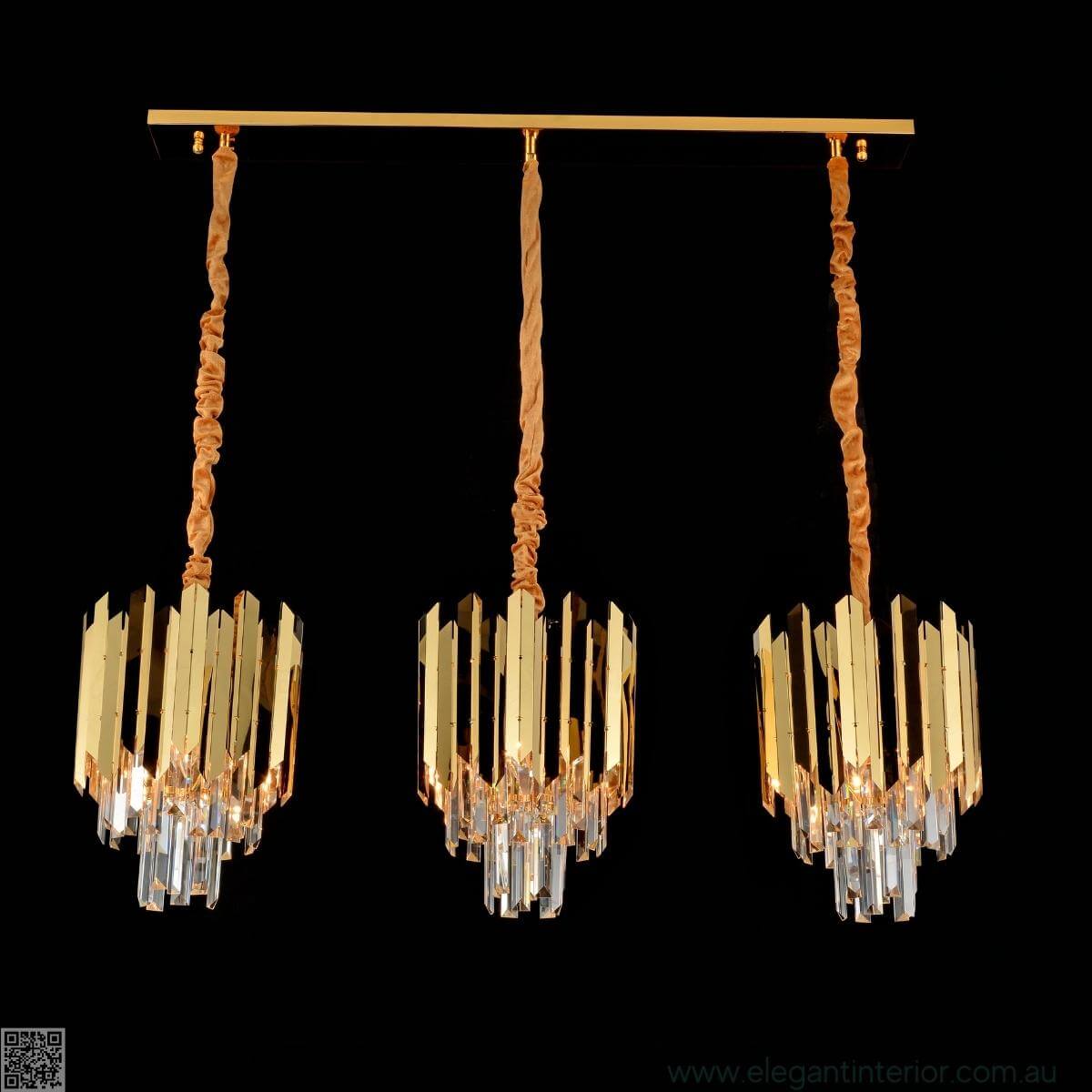 Front view of Tara 3PC gold ceiling fixture with elegant modern design for interior lighting