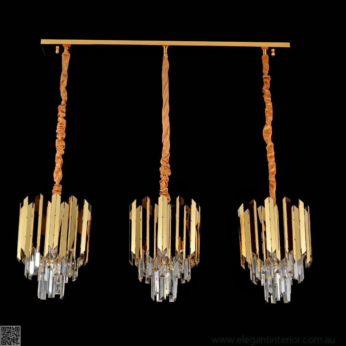 Front view of Tara 3PC gold ceiling fixture with elegant modern design for interior lighting
