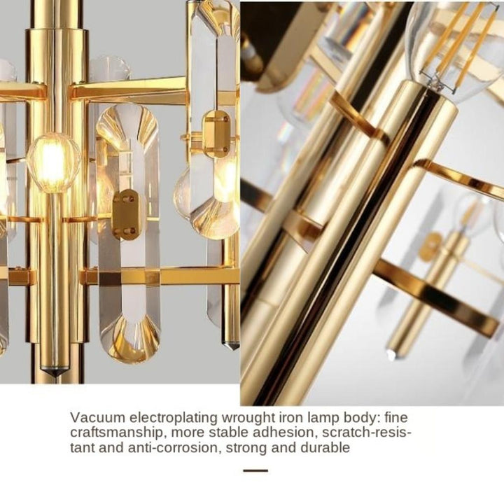 Yasmin gold chandelier with vacuum electroplated wrought iron body—durable, scratch-resistant