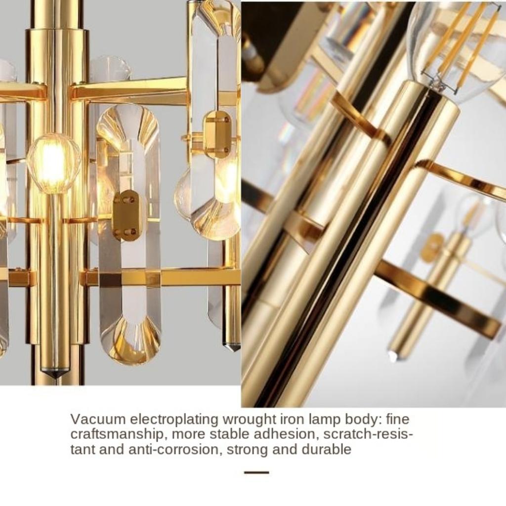 Yasmin gold chandelier with vacuum electroplated wrought iron body—durable, scratch-resistant