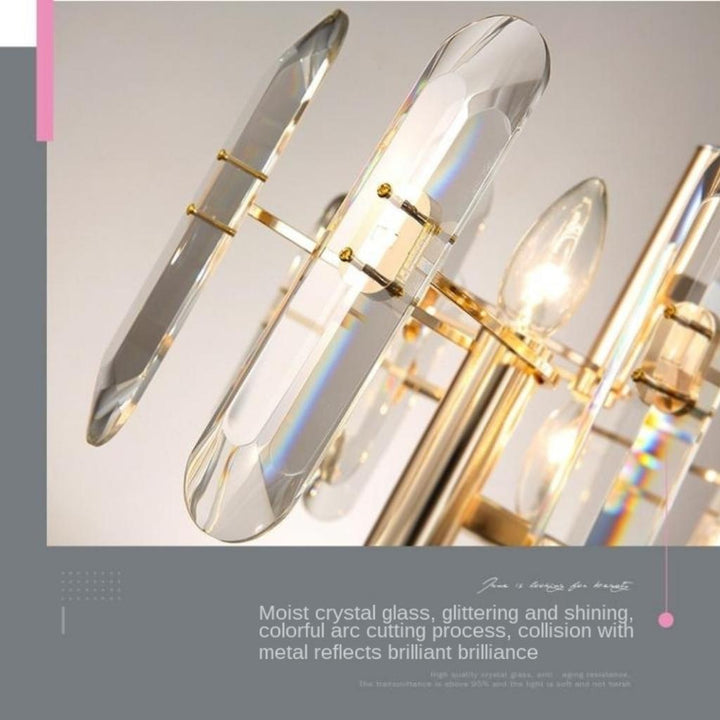 Yasmin gold chandelier with moist crystal glass and colorful arc-cut crystals reflecting brilliance